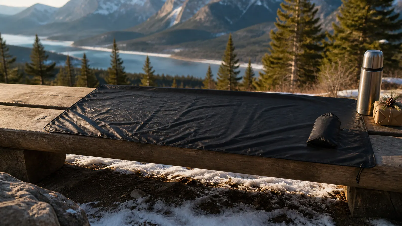 Representative thin black pocket blanket unfolded on a winter overlook bench