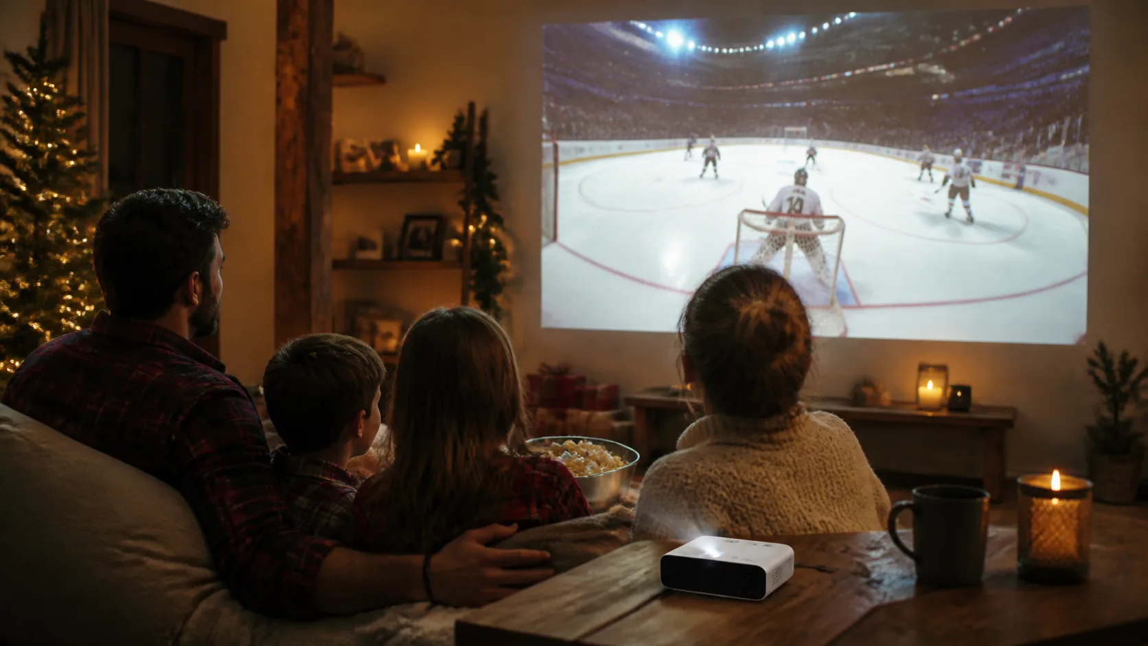 Representative mini projector casting a movie onto a living room wall