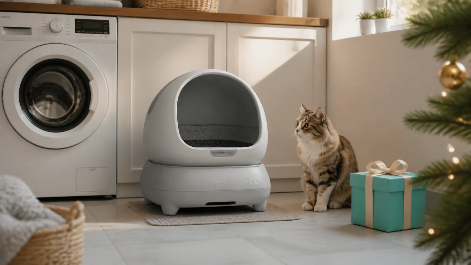 Representative open-top automatic litter box beside a teal Christmas box