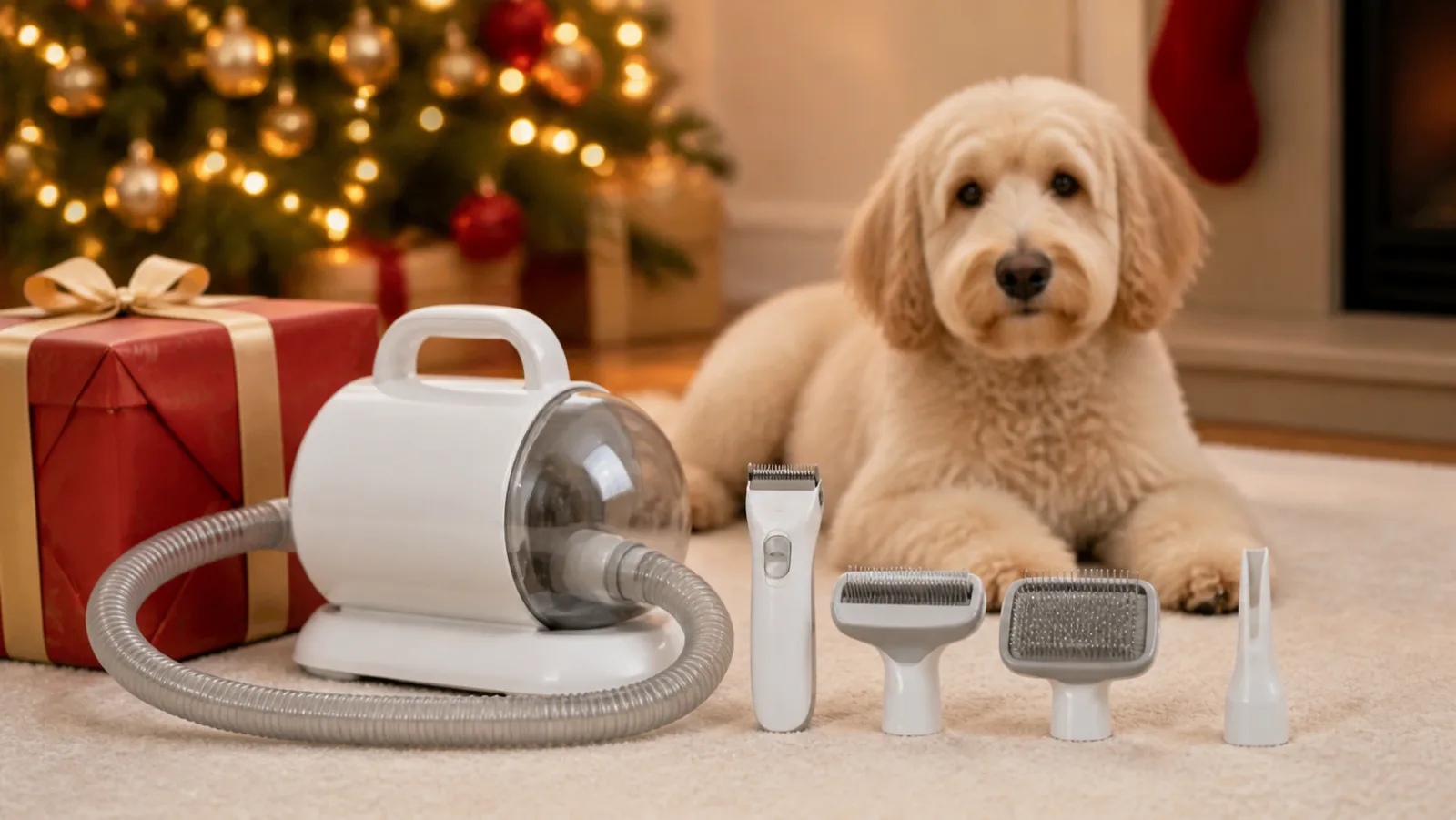 Representative pet grooming vacuum and brushes beside a red holiday gift