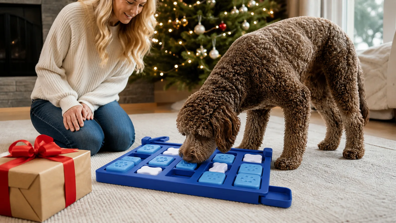 Representative blue advanced dog puzzle beside a red Christmas ribbon