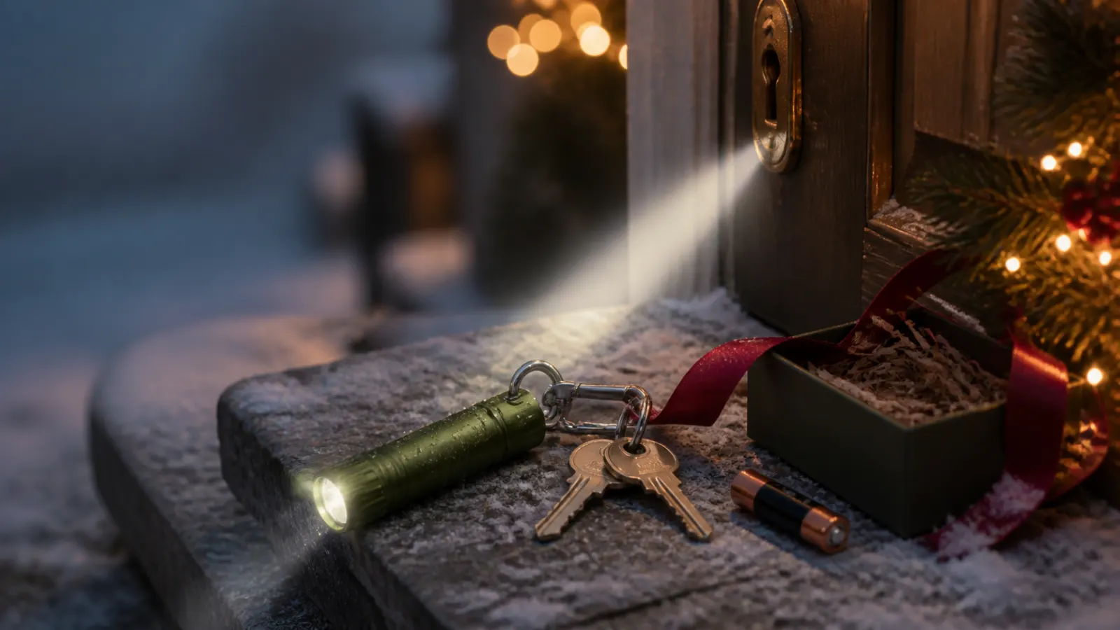 Representative olive aluminum keychain flashlight lighting a snowy path beside keys and a locking clip