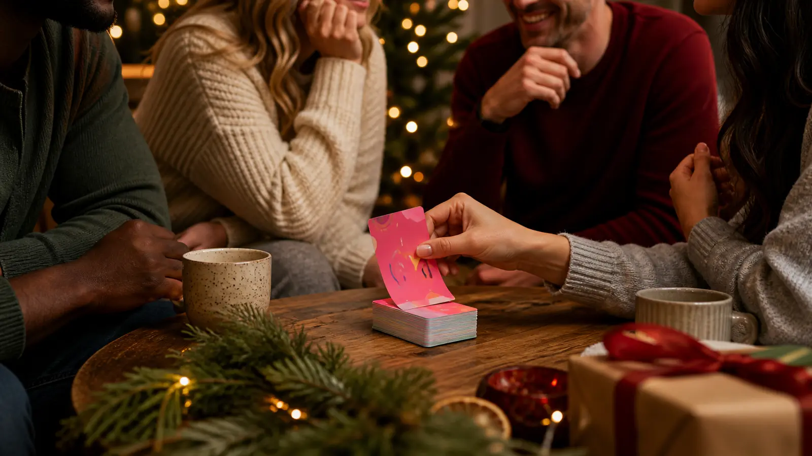 Friends drawing bright conversation cards around a table at a Christmas gathering