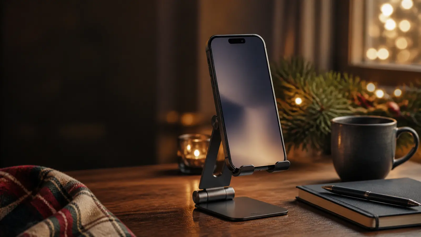 Black foldable phone stand holding a smartphone beside a laptop on a Christmas desk