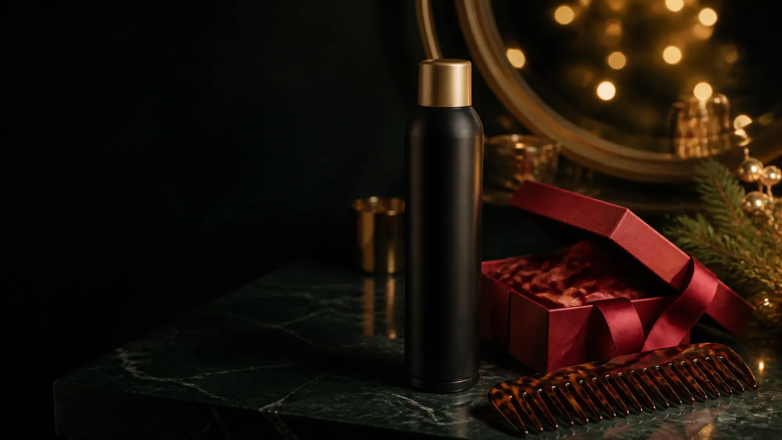 Representative black styling-spray can beside a red Christmas gift box and comb