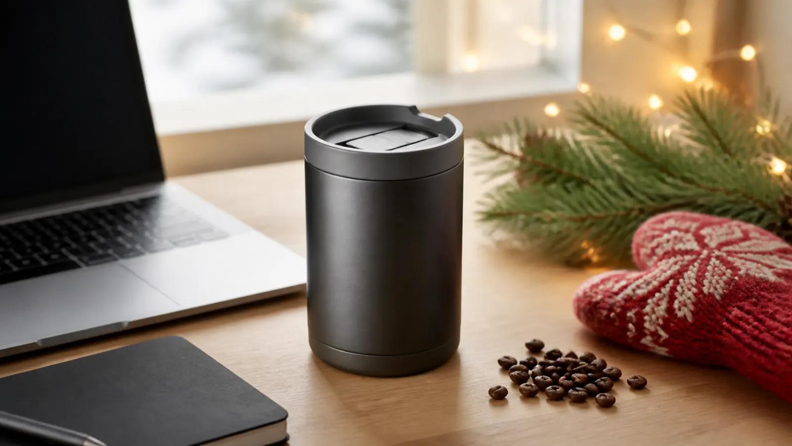Representative compact insulated coffee tumbler with a fully closed slider lid on a festive office desk