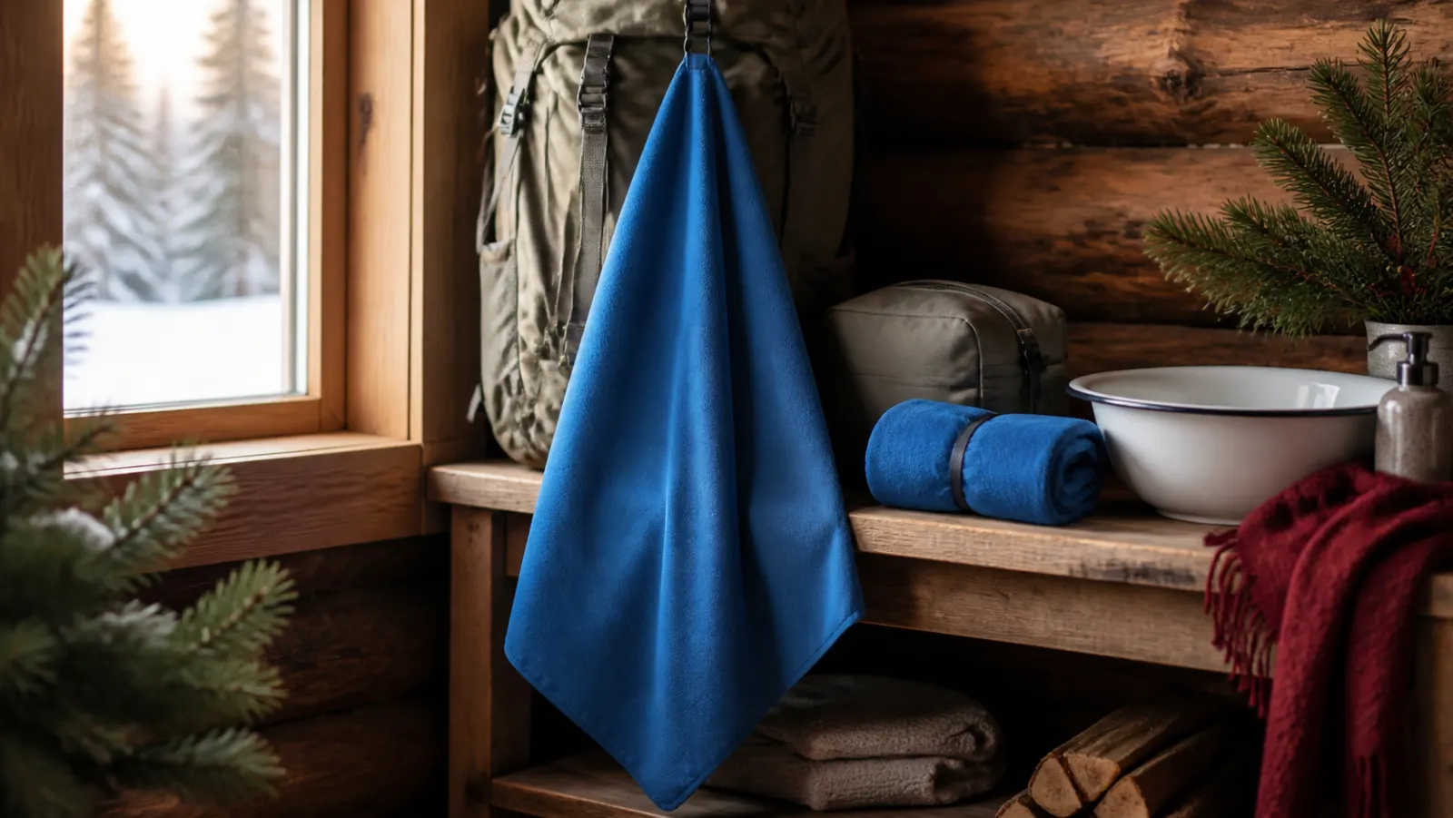 Representative blue quick-dry body towel hanging from a backpack beside a winter cabin wash area