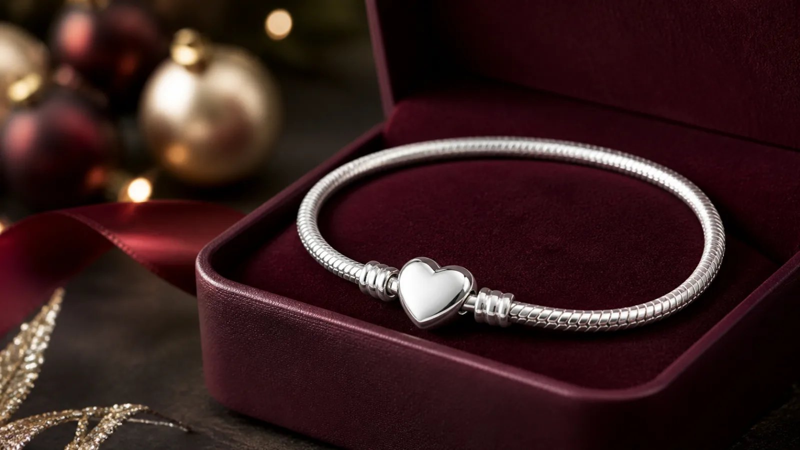 Representative silver heart-clasp bracelet beside a burgundy gift box
