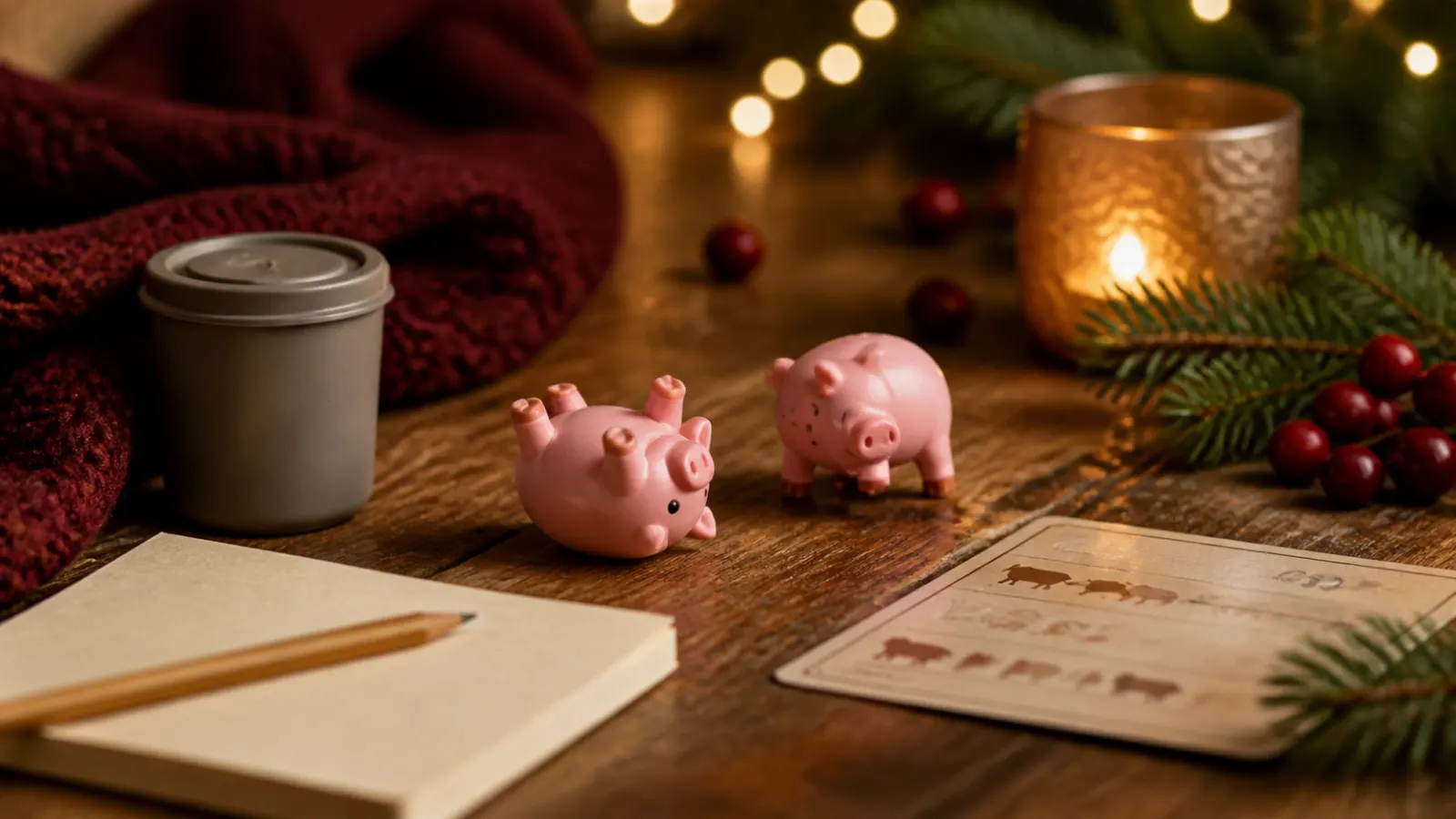 Representative miniature pig dice, score sheet and travel cup on a festive game table