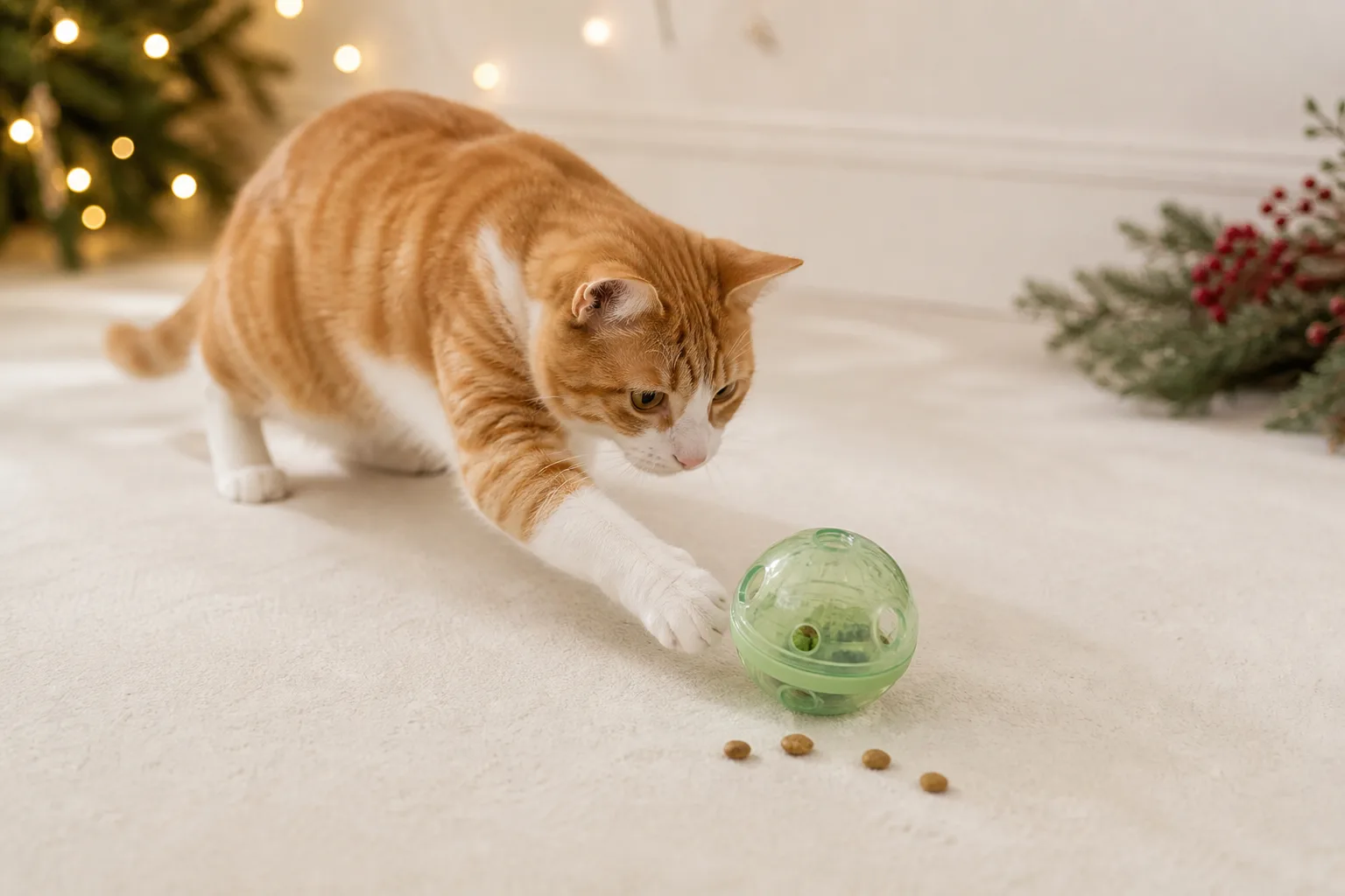 Representative adjustable round cat feeder ball dispensing a few pieces of dry food on a mat