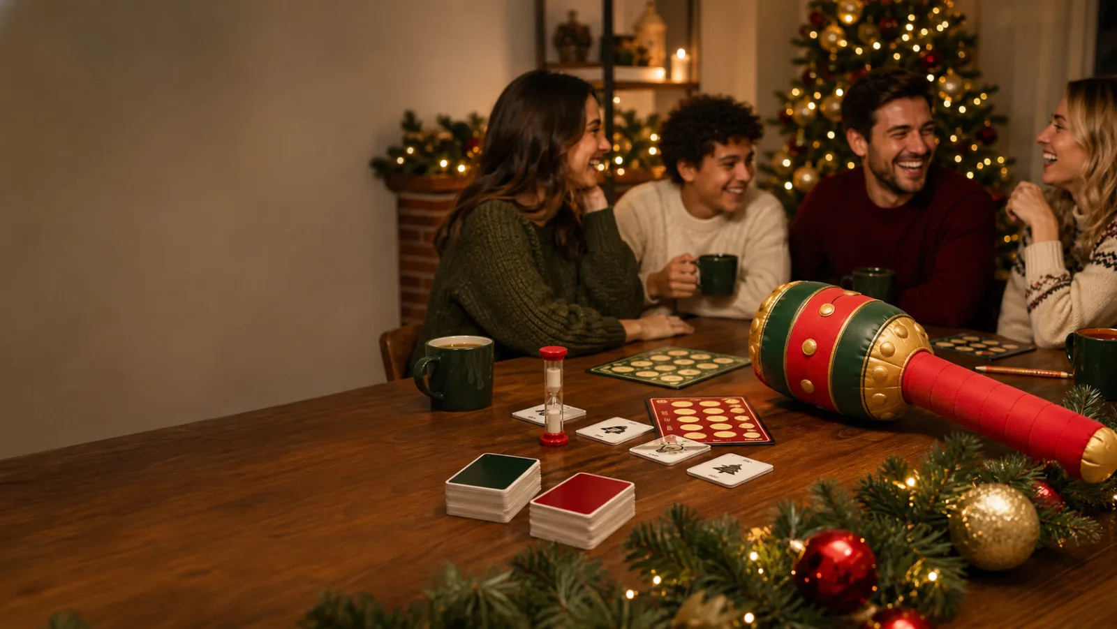 Representative word-game cards, sand timer and soft inflatable club on a festive party table
