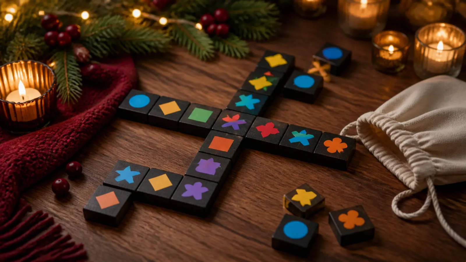 Representative wooden shape-and-colour tiles forming intersecting lines on a festive family game table