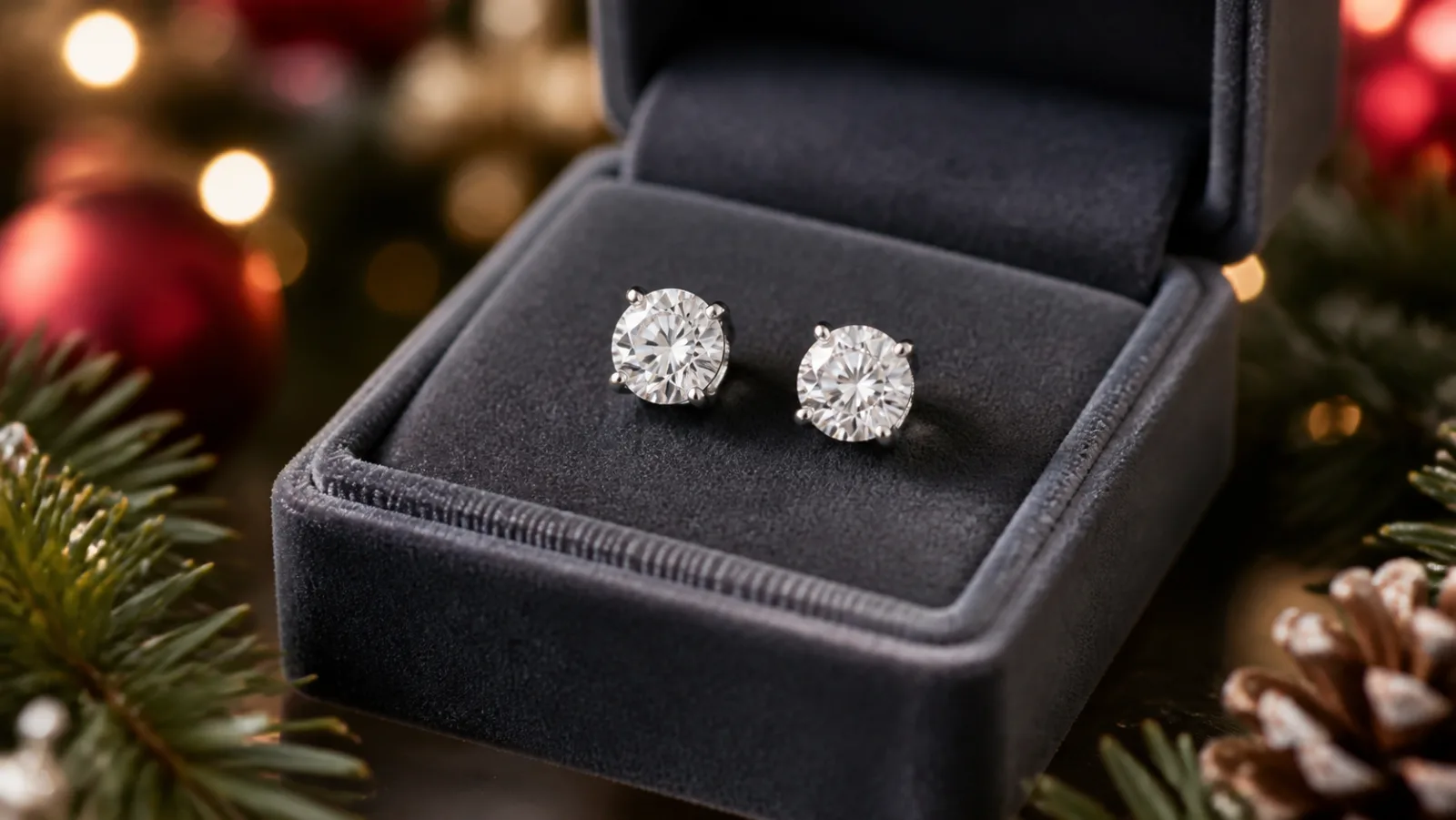 Representative diamond studs in a charcoal Christmas jewelry box
