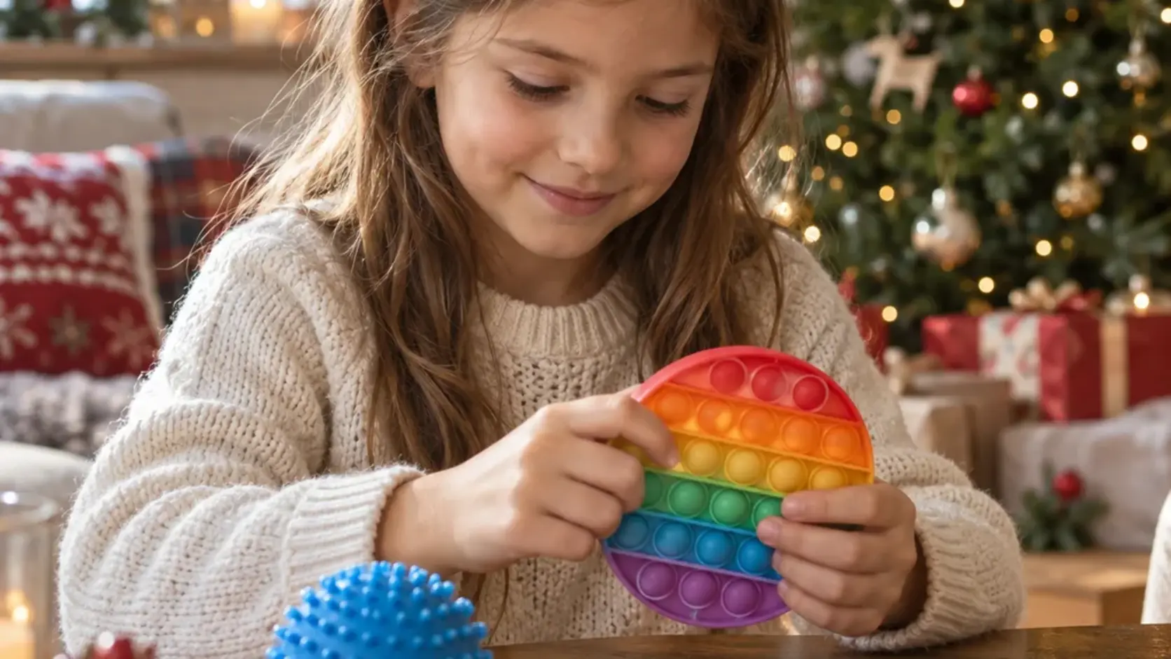 Representative child squeezing a soft, bright squishy ball at a kitchen table with holiday lights behind