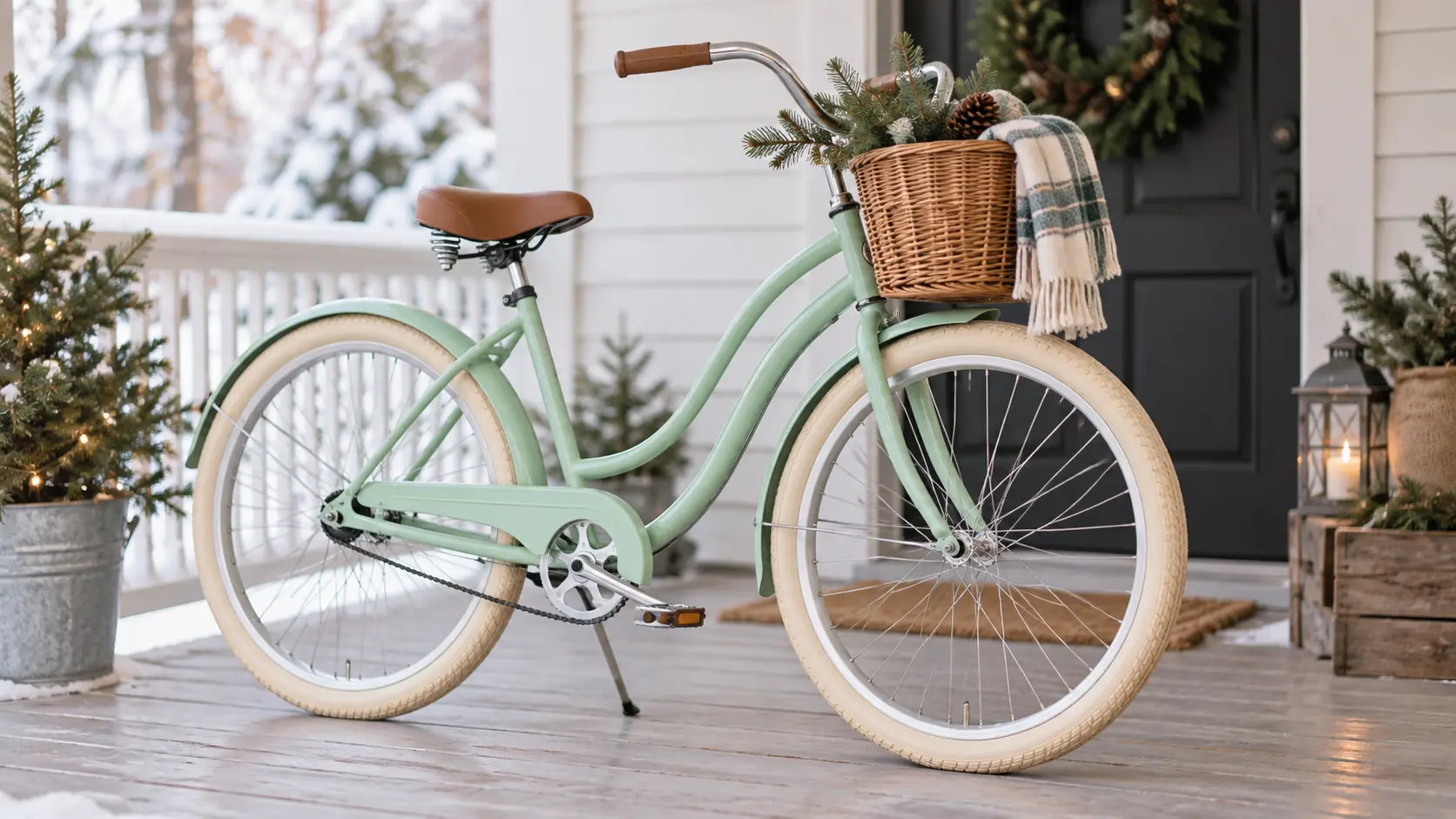 Representative adult wheeling a pastel cruiser bicycle with a rear rack past holiday storefronts