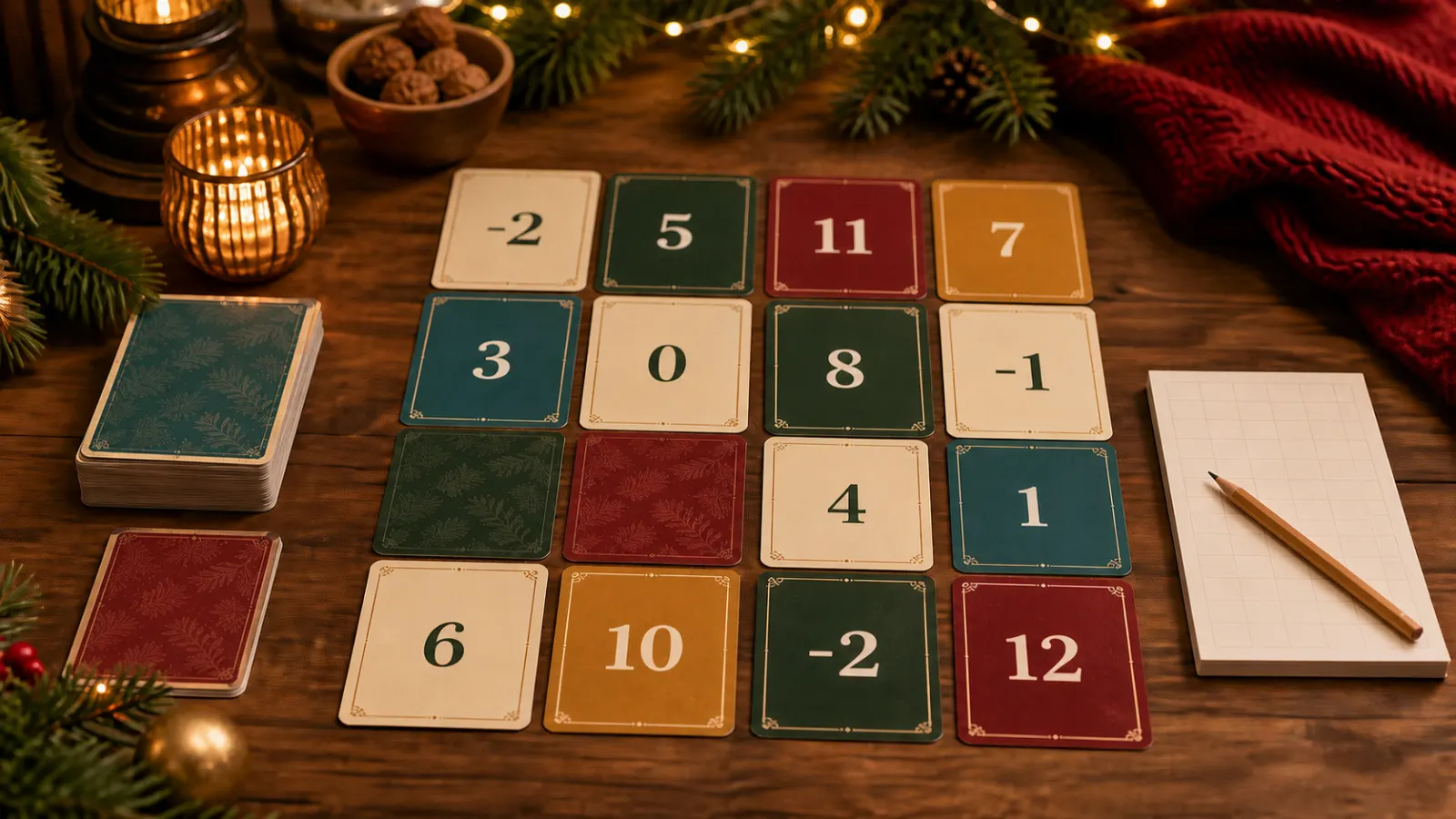 Representative colourful numbered cards arranged in four columns on a festive family game table