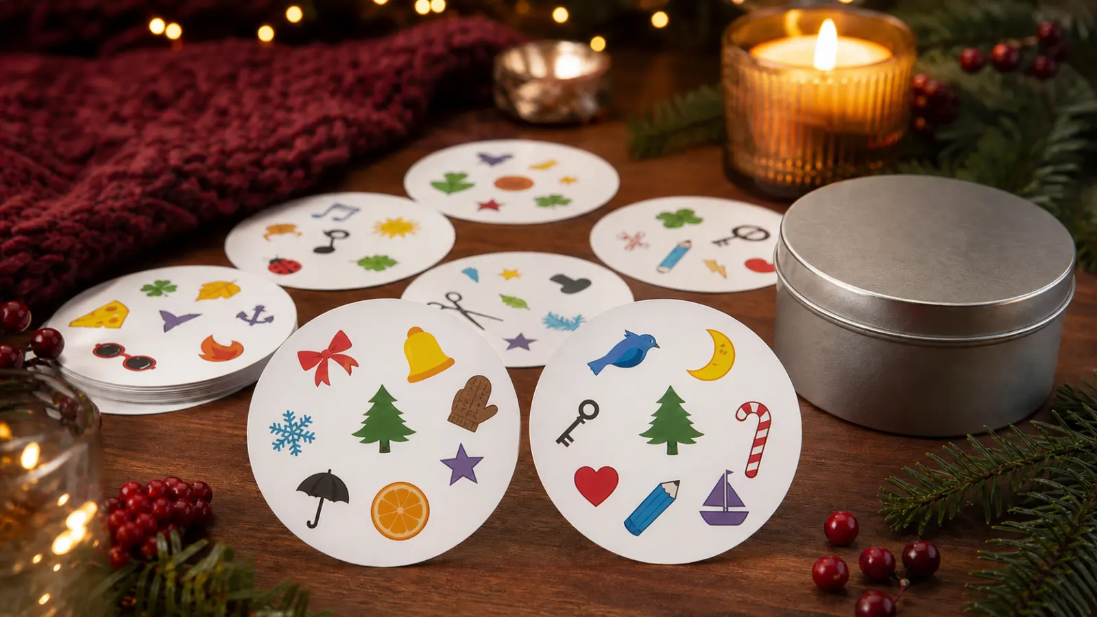 Representative round symbol-matching cards and a plain metal tin on a festive family game table
