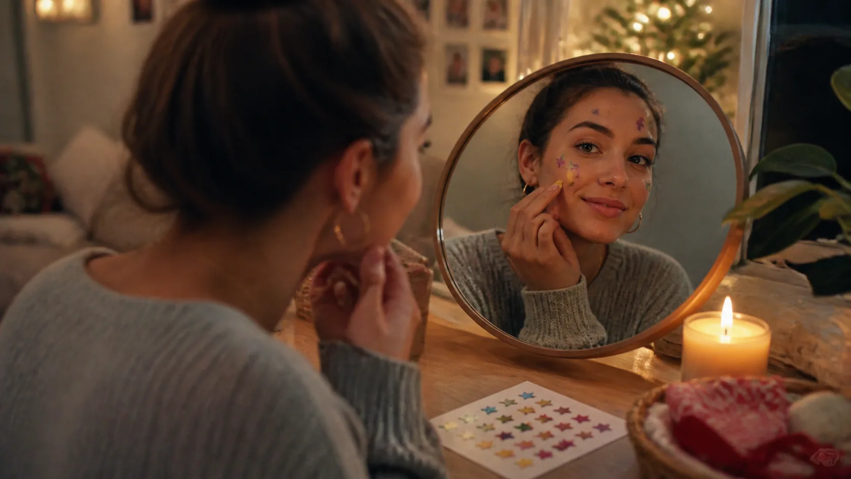 Representative sheet of colourful star-shaped face stickers beside a mirror