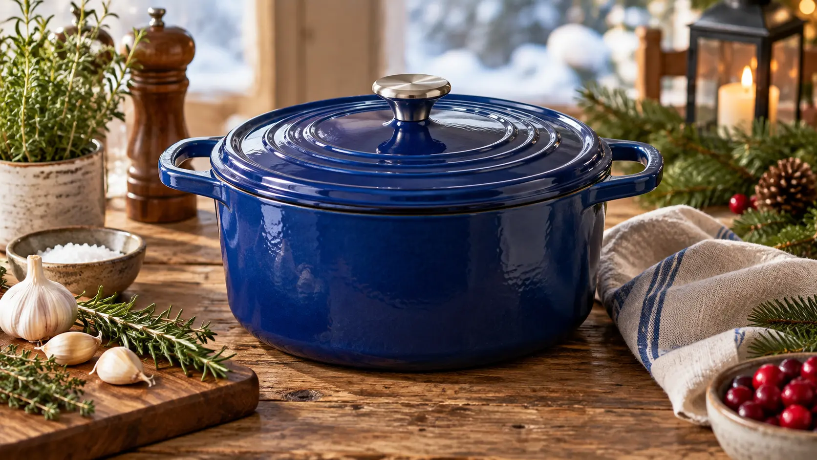 Representative dark enameled cast-iron pot steaming on a stovetop in a warm holiday kitchen