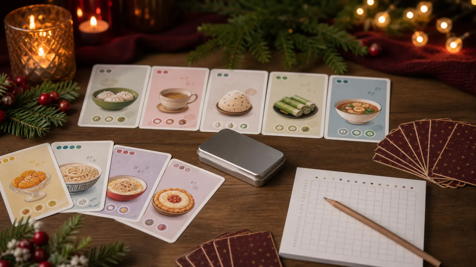 Representative food-themed drafting cards and a plain tin on a festive family game table