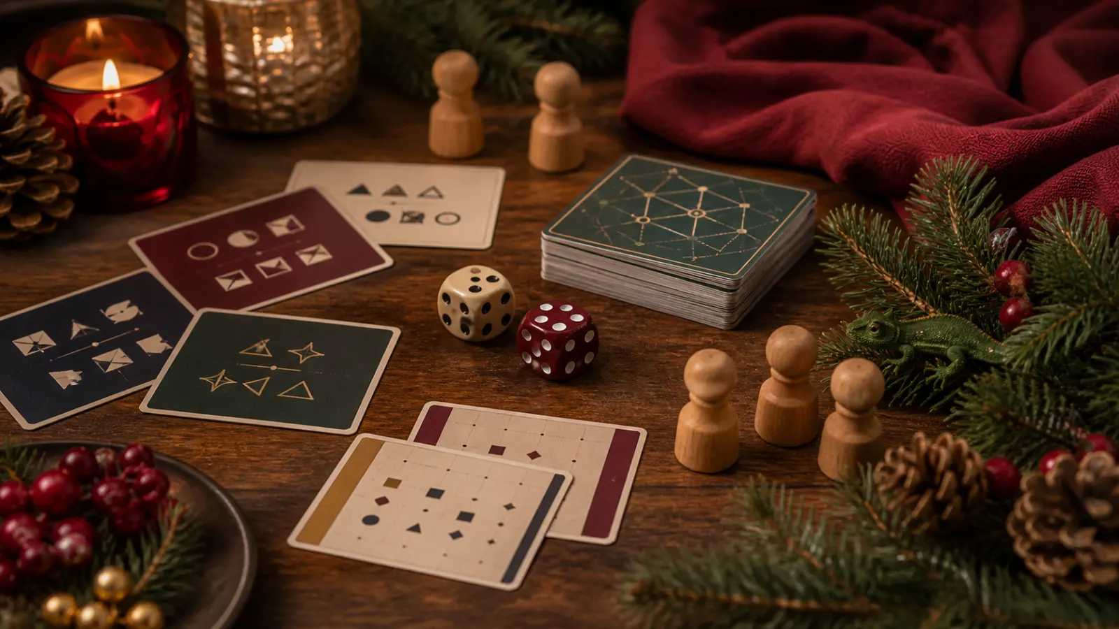 Representative secret-topic cards, code cards and dice arranged for The Chameleon on a festive party table