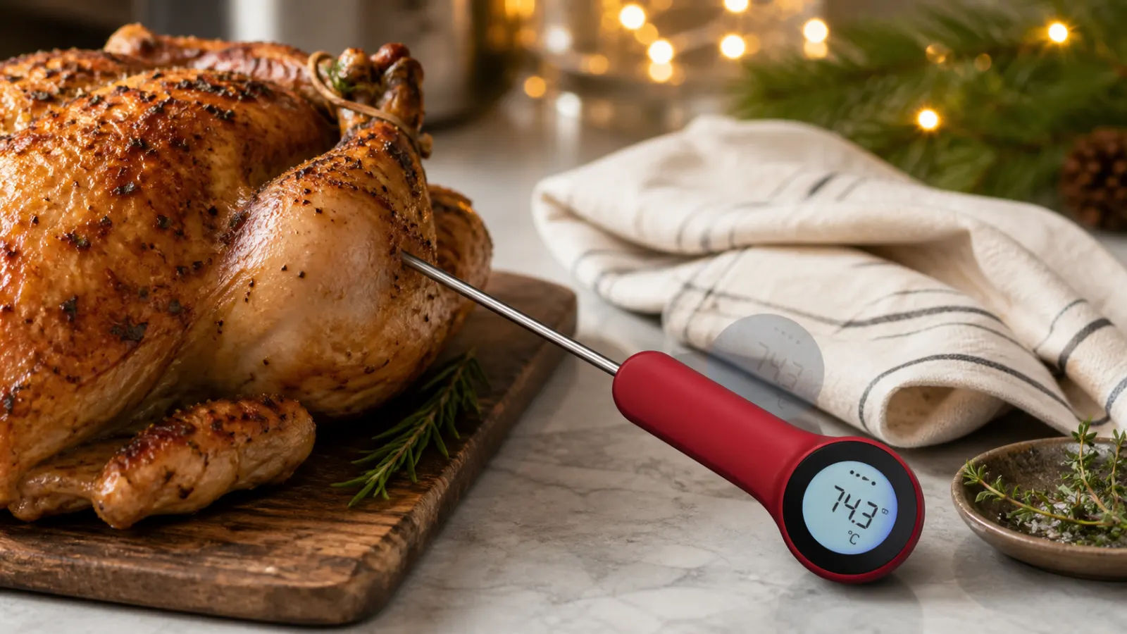 Representative slim instant-read cooking thermometer with a round illuminated display checking a roast