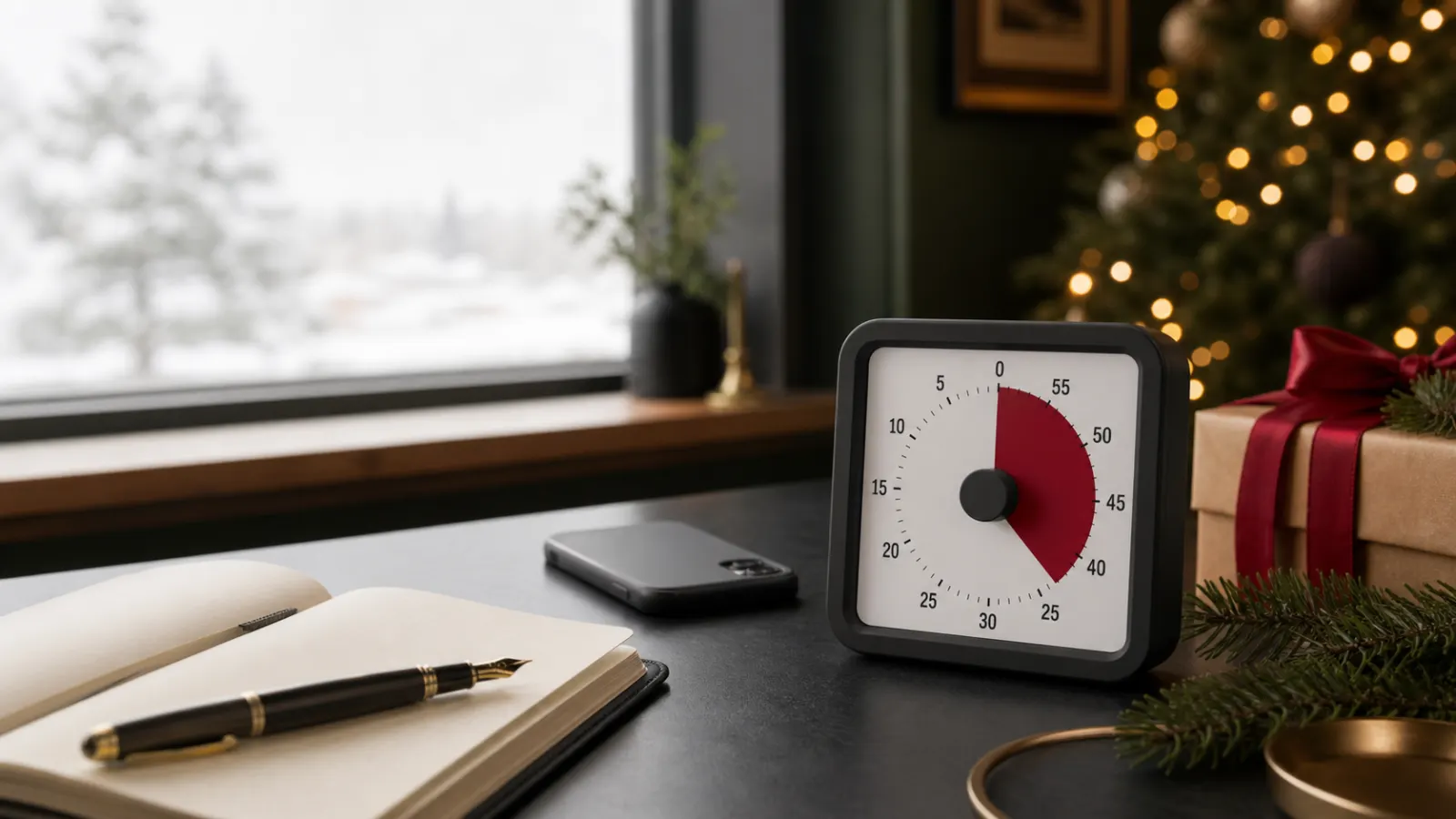 Representative square visual countdown timer beside a notebook on a quiet holiday-season desk