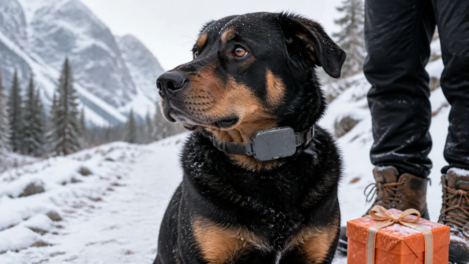 Representative rugged dog GPS tracker beside an orange holiday gift