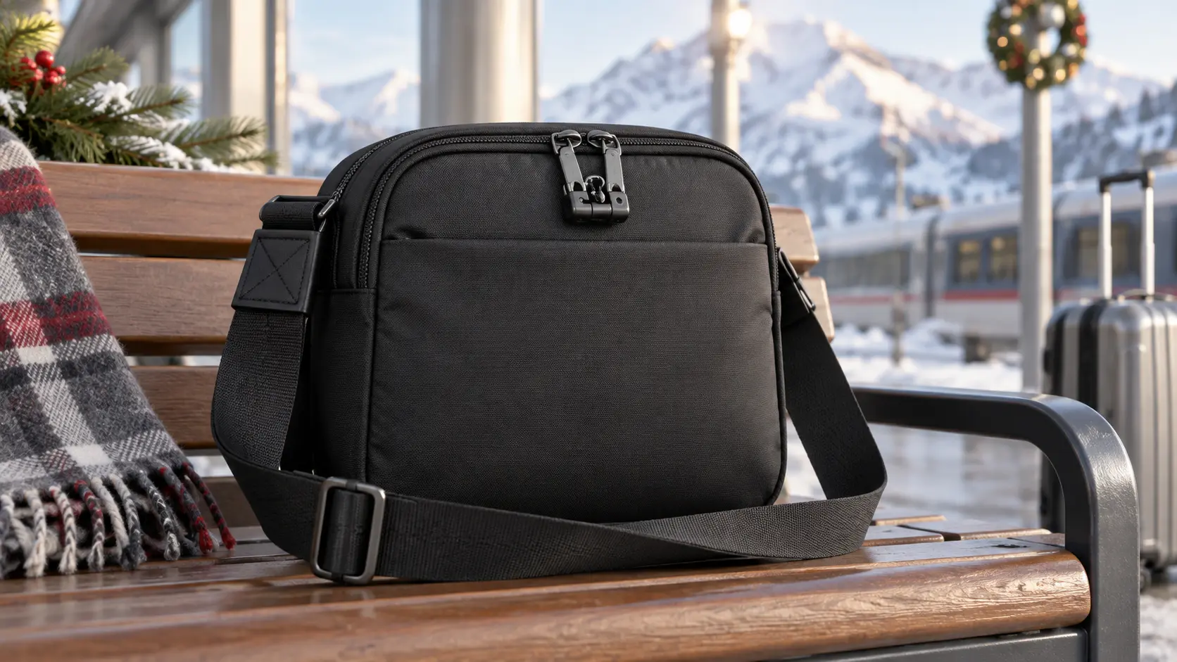 Representative traveller wearing a compact crossbody bag while reading departure boards at a winter airport