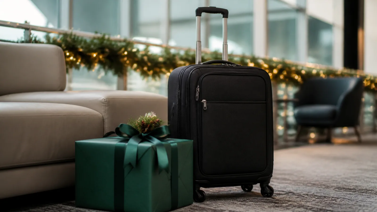 Representative lightweight black softside suitcase beside a green holiday gift