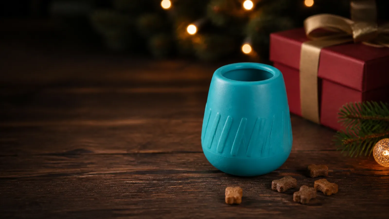 Representative teal cup-shaped dog treat toy beside a red Christmas gift box