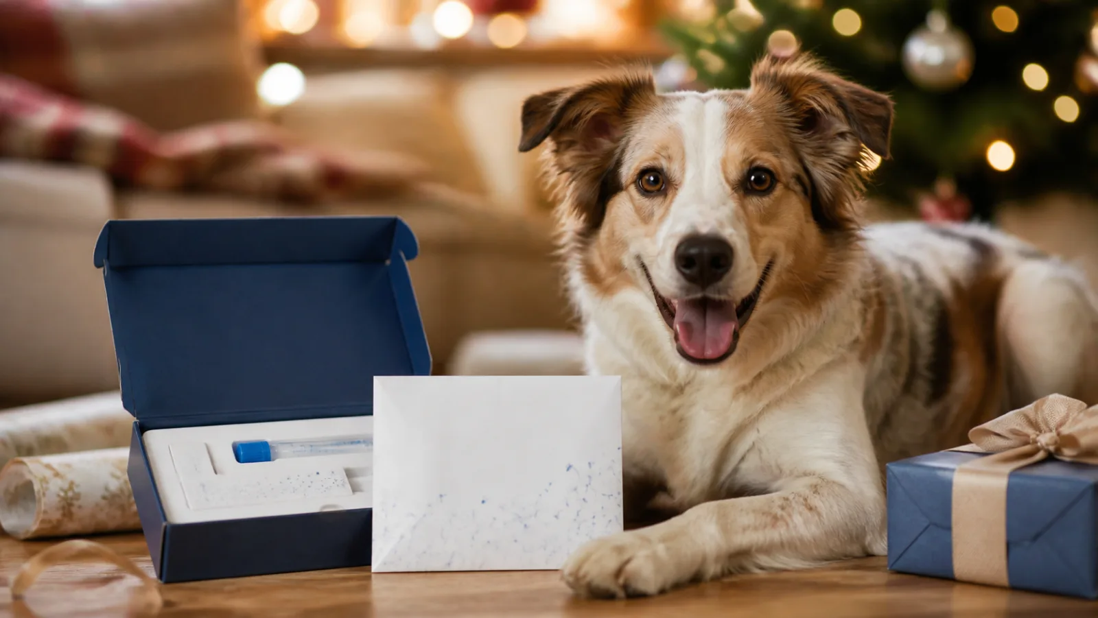 Representative dog DNA swab kit beside a blue Christmas gift
