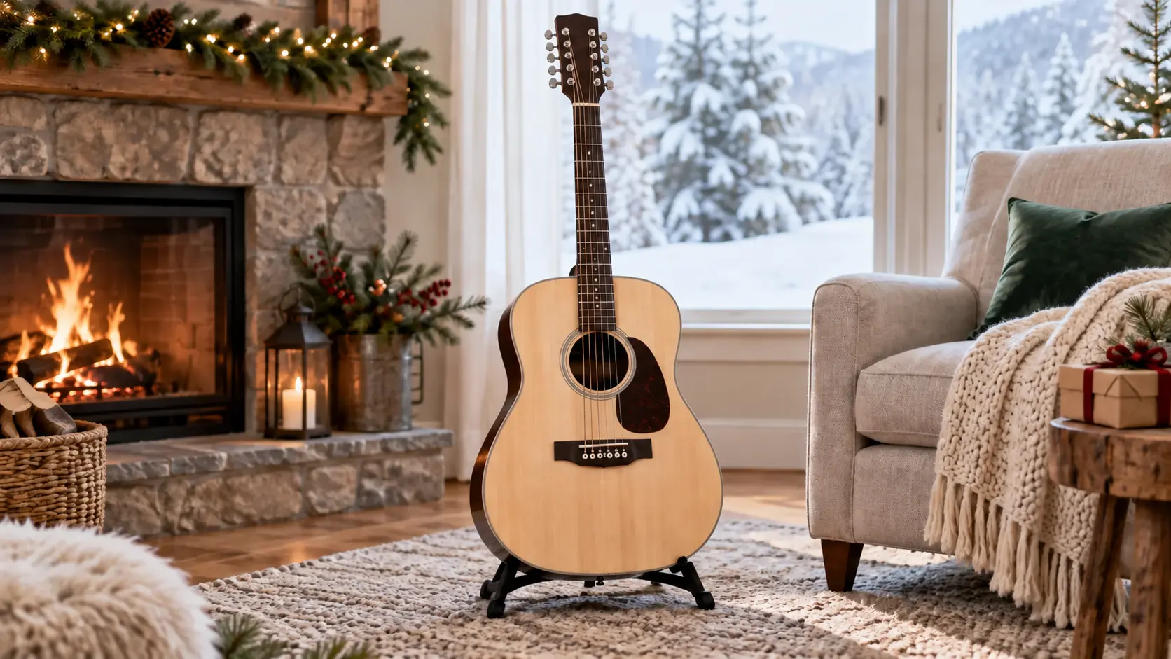 Representative person playing an acoustic guitar in a warmly lit living room during the holidays