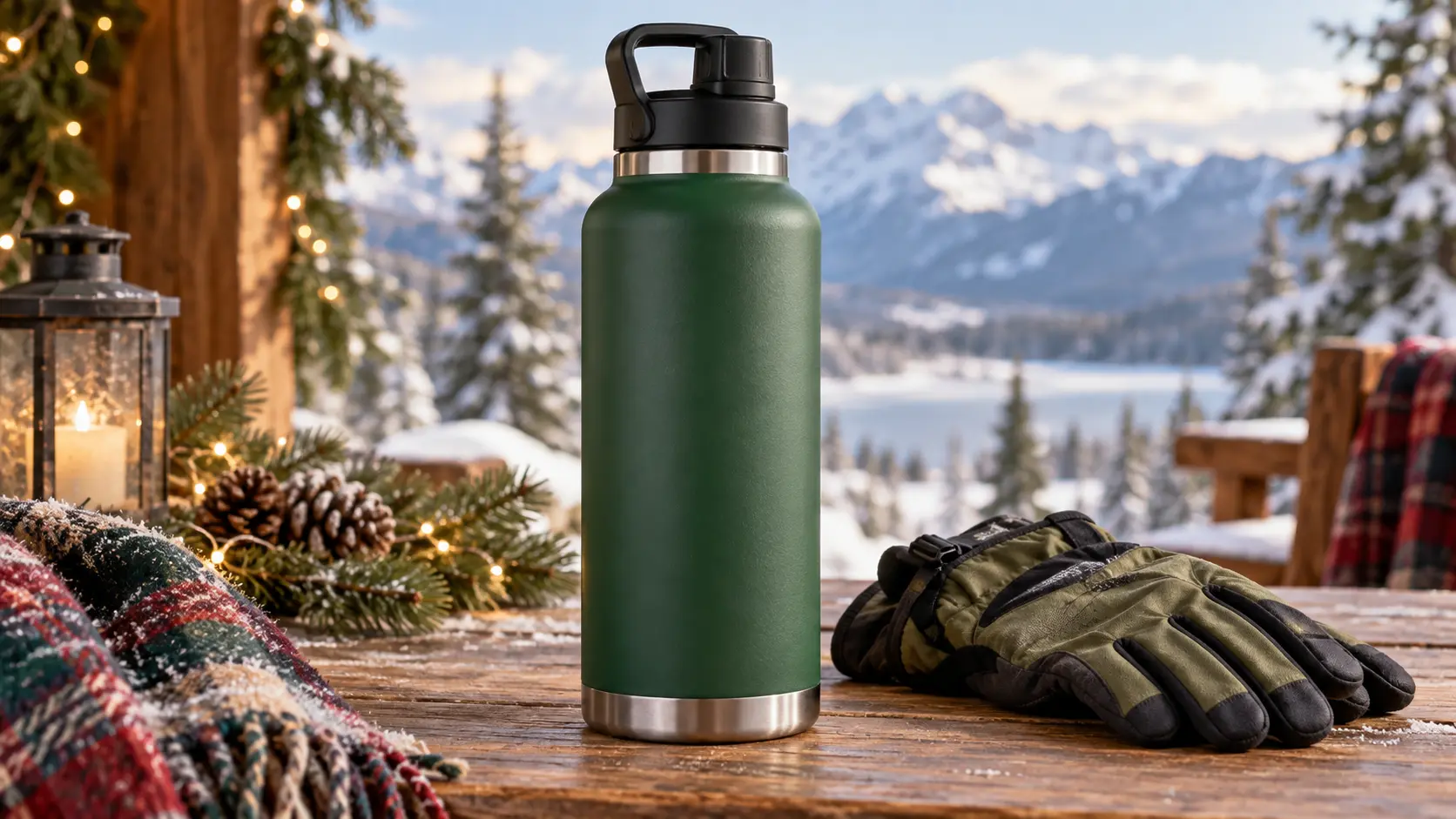 Representative insulated steel bottle on a truck dashboard with a snowy trailhead beyond the windshield