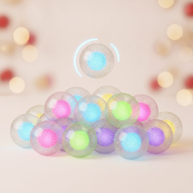 Representative pile of translucent rubber balls glowing in bright colours against a dark background
