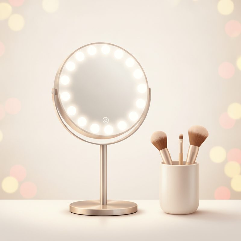 Representative round mirror ringed with soft white lights on a tidy vanity table