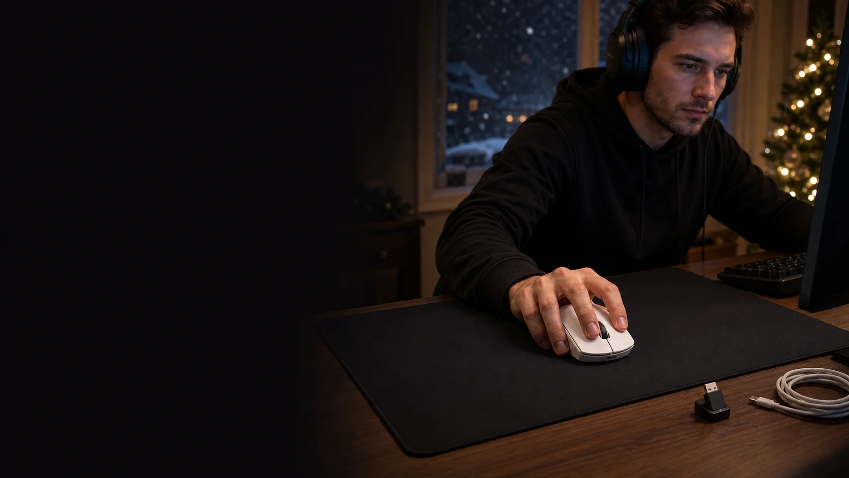Representative gamer aiming with a generic ultralight wireless mouse
