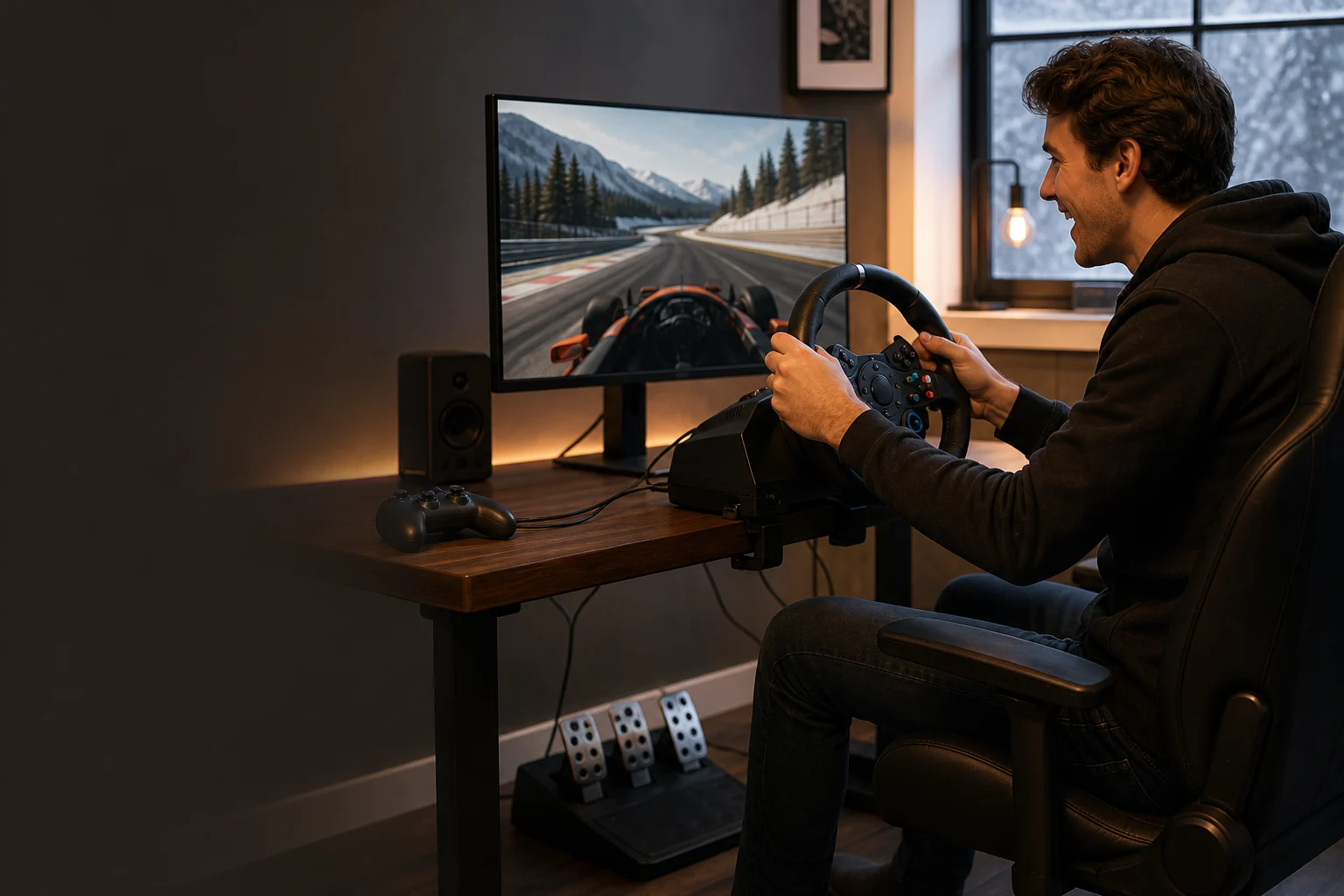 Representative racing wheel and three-pedal setup clamped to a sturdy gaming desk