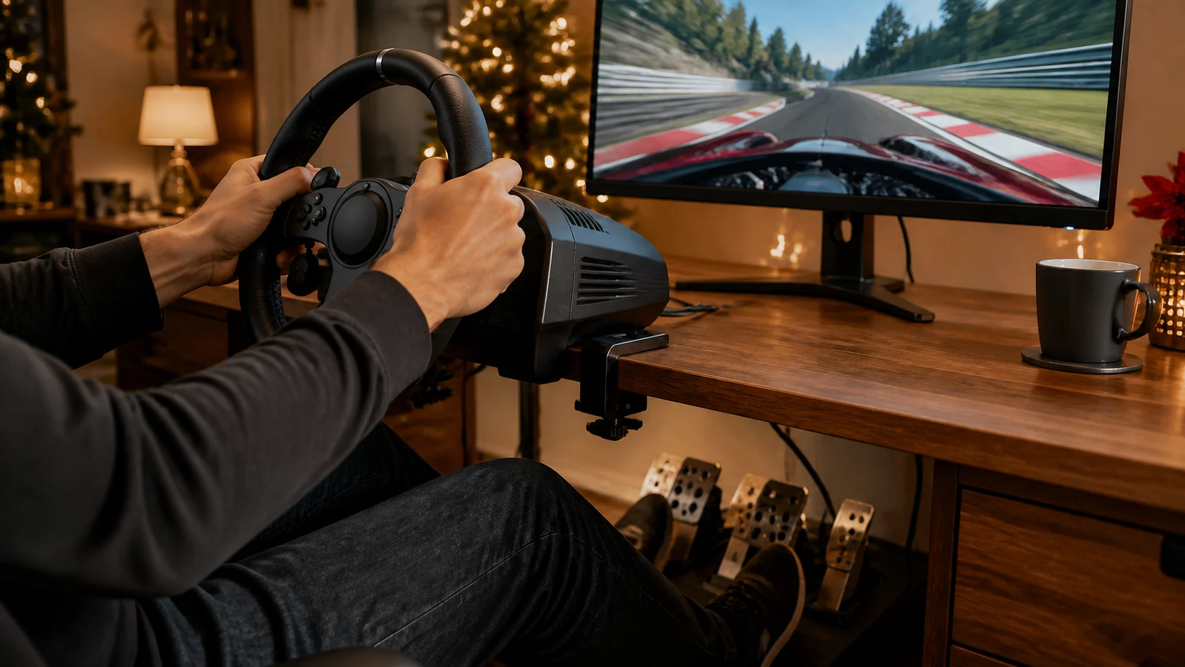 Representative force-feedback racing wheel and pedal setup at a gaming desk
