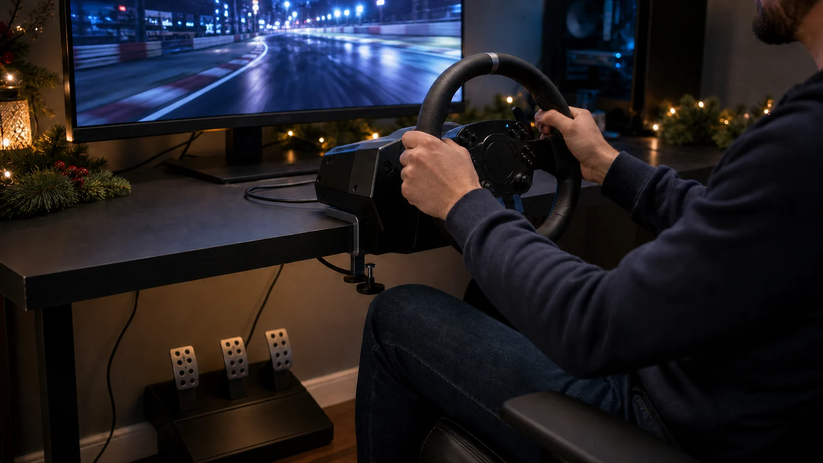 Representative Xbox racing wheel and pedal setup at a gaming desk