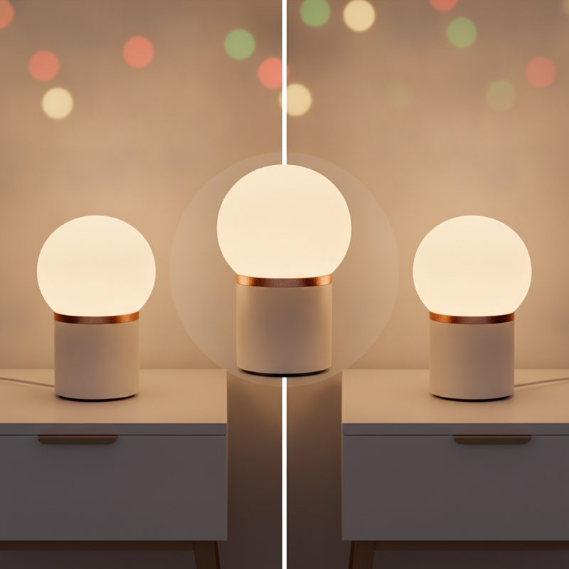 Representative pair of glowing touch lamps on two different bedside tables