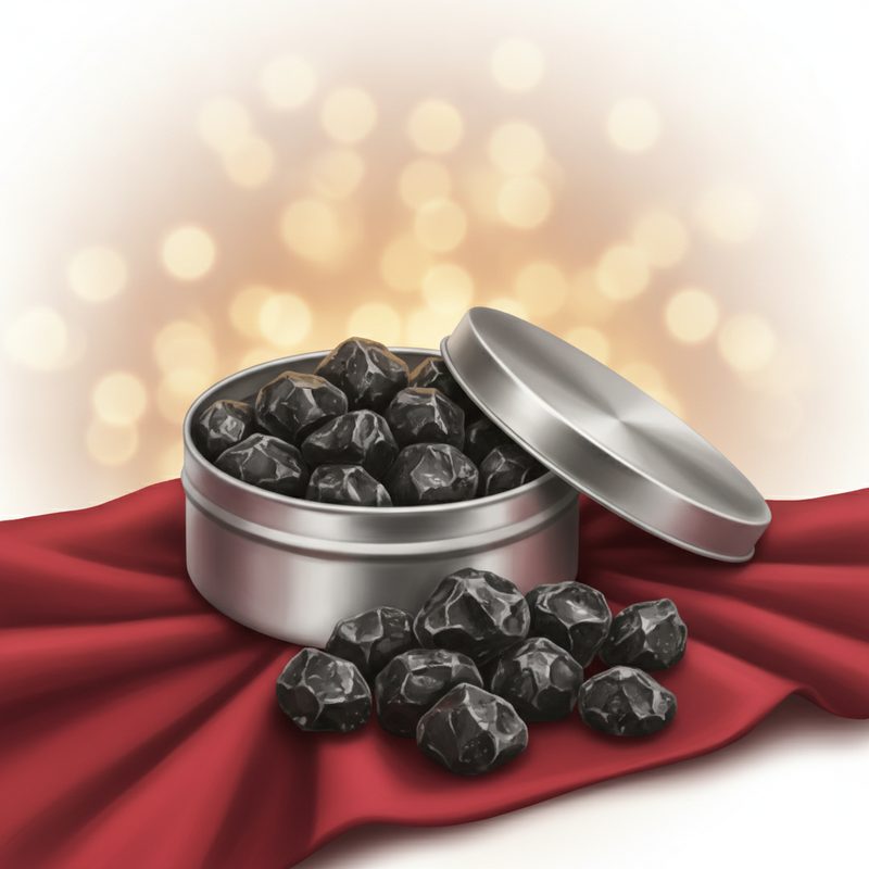 Representative small tin filled with coal-shaped black candy pieces