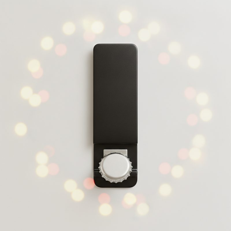 Representative metal bottle opener mounted magnetically on a fridge door