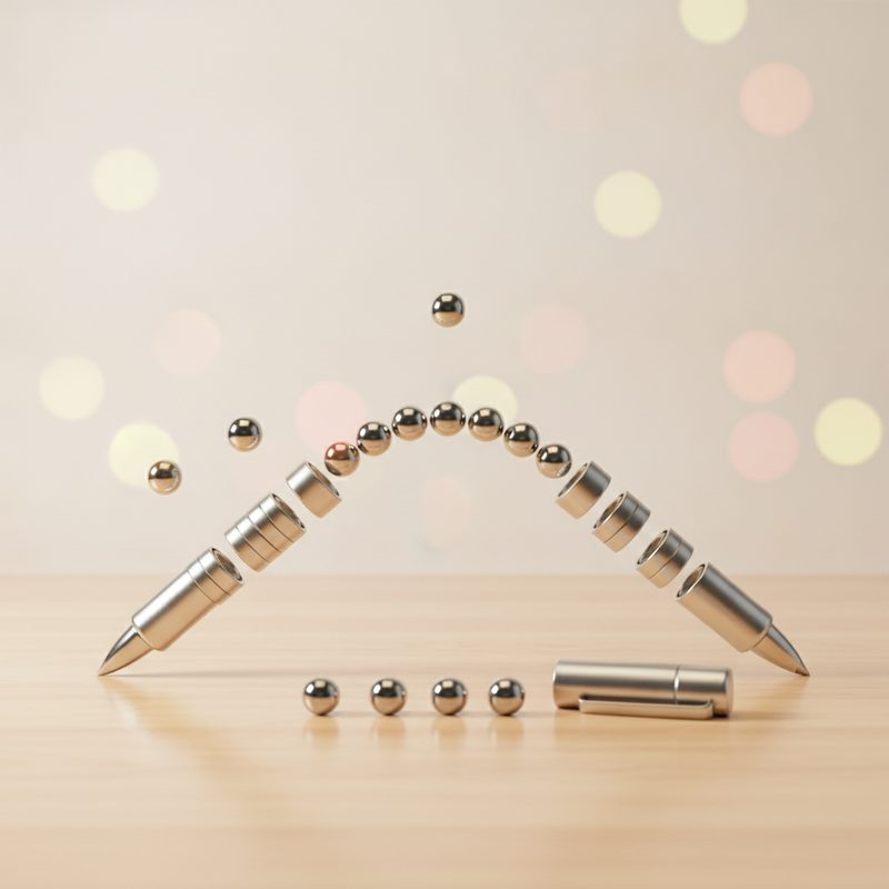 Representative metal fidget pen split into magnetic segments on a desk