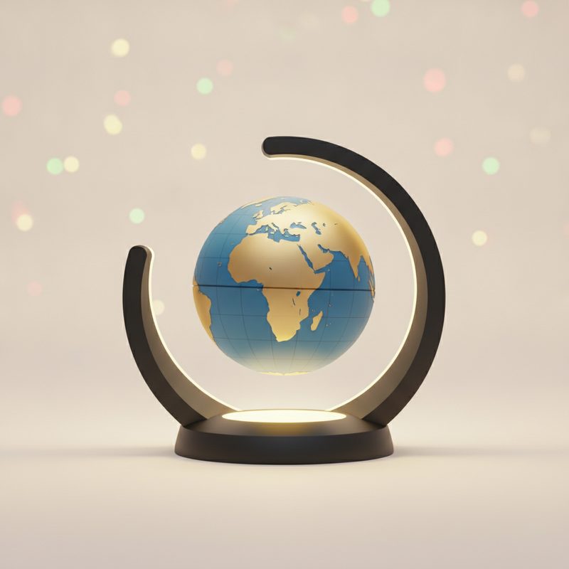 Representative small globe floating and spinning between the arms of a magnetic frame