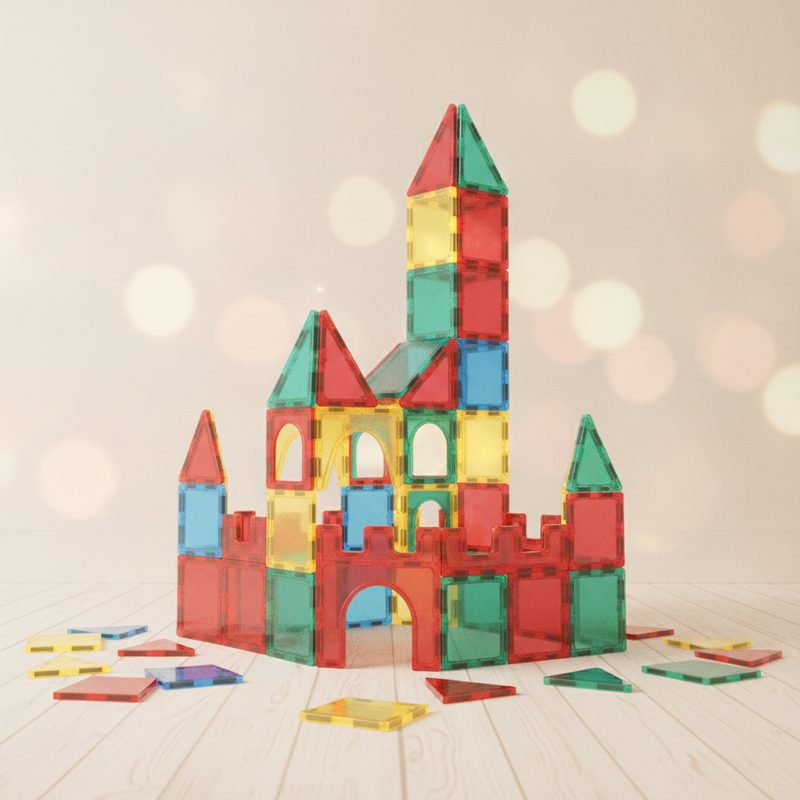 Representative translucent magnetic building tiles stacked into a colourful castle