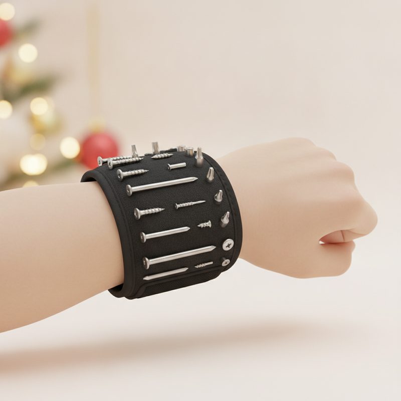 Representative black fabric wristband with magnets holding screws and drill bits