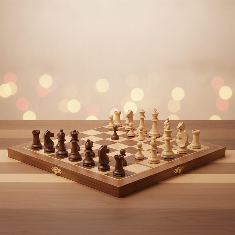 Representative folding wooden chess board with magnetic pieces mid-game