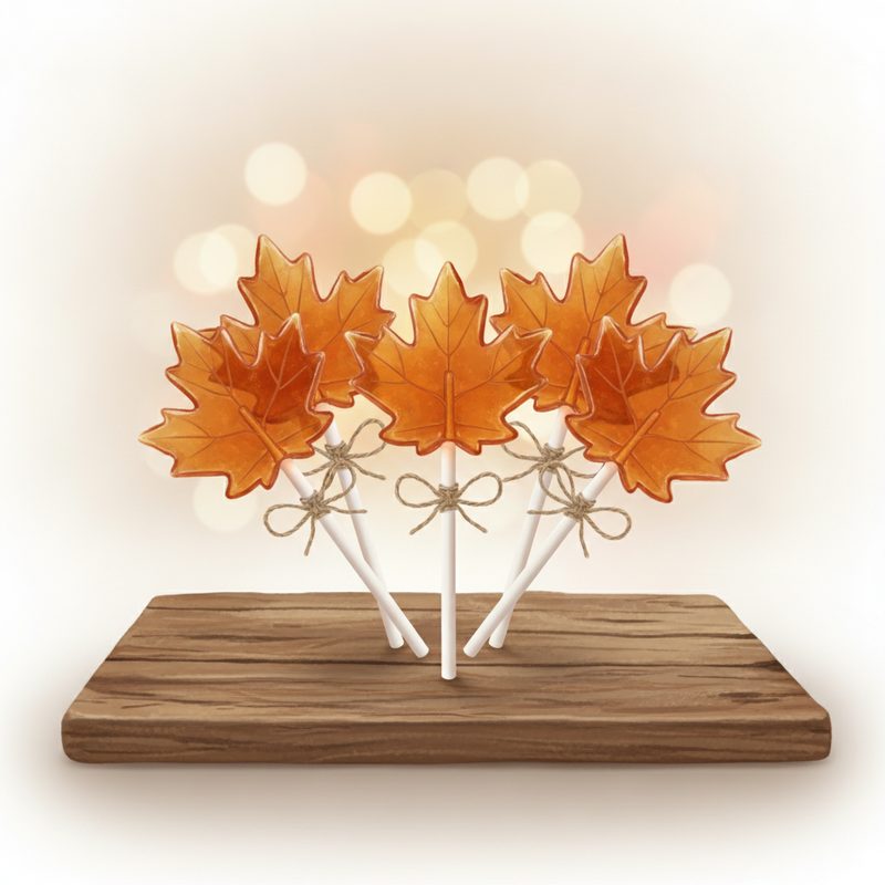 Representative amber maple-leaf-shaped lollipops tied with ribbon on a wooden board
