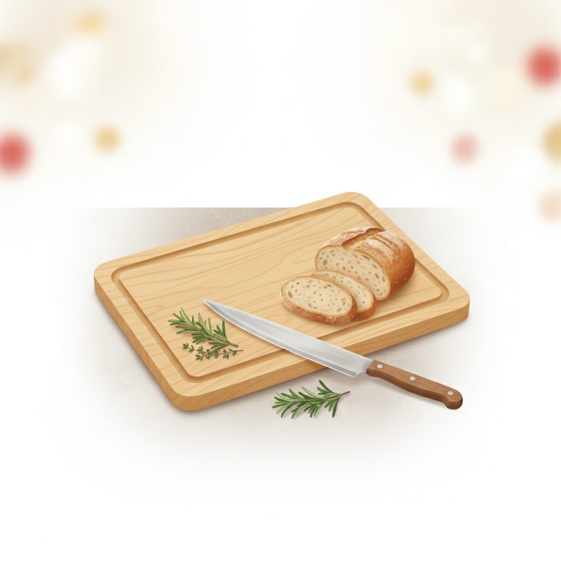 Representative maple wood cutting board on a kitchen counter beside fresh herbs